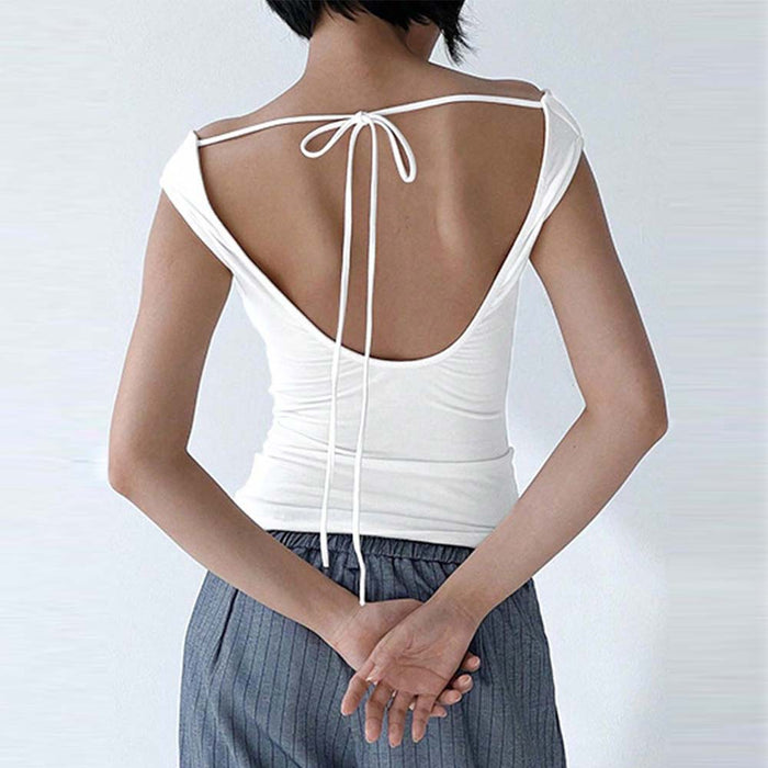 Summer Casual off Neck T shirt Backless Lace up Short Sleeve Solid Color Top-Fancey Boutique