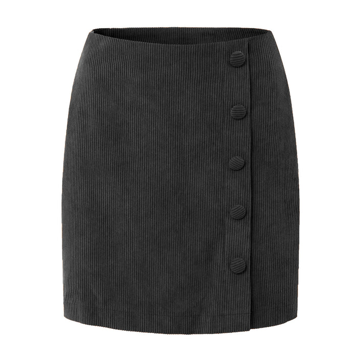 Color-Black-Women Clothing Corduroy Skirt Autumn Winter Solid Color Cloth Buckle Zipper Skirt High Waist Slim Hip Skirt-Fancey Boutique