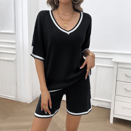 Spring Summer Women Clothing Casual Loose V neck Sweater Set-Black-Fancey Boutique