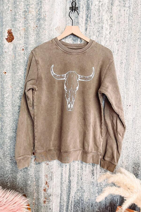 Color-Khaki-Ladies Cotton Cow Head Glue Printing Pullover Sweater-Fancey Boutique