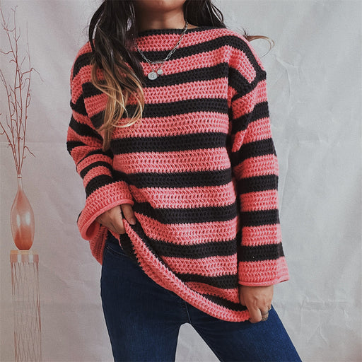 Color-Pink-Autumn Winter Coat Loose off Shoulder Striped Long Sleeved Knitted Pullover Casual Sweater for Women-Fancey Boutique