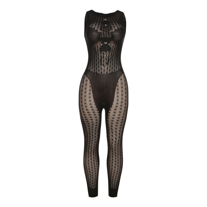 Color-Black-Summer Women Clothing Sexy Mesh See through Knitted Lace Hollow Out Cutout High Waist Tight Jumpsuit-Fancey Boutique