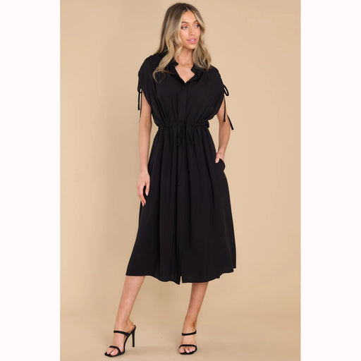 Color-Black-Trendy Summer Fitted Waist Turn down Collar Single Breasted Drawstring Dress-Fancey Boutique