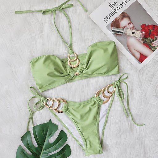 Color-Green-New Sexy Swimsuit Metal Accessories Hollow Out Cutout Bikini Solid Color Tube-Top Strap Women Swimsuit-Fancey Boutique