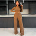 Color-Brown-Women Clothing Autumn Winter Cropped Long Sleeve Top Trousers Casual Set-Fancey Boutique