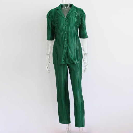 Color-Green-Summer Short Sleeve Loose Pleated Straight Leg Pants Two-Piece Set Sexy Complex Set Collar Sexy Set-Fancey Boutique