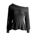 Color-Black-Autumn Winter Oblique Shoulder Ruffles Hem Waist Slimming Solid Color Knitted Sweaters Women Clothing-Fancey Boutique