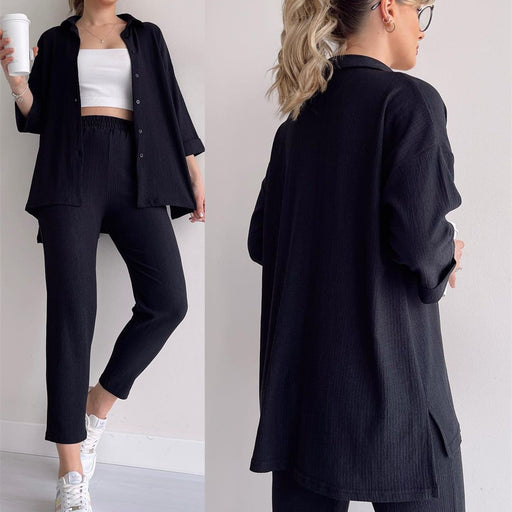 Casual Autumn Shirt High Waist Elastic Pants Women Two Piece Set-Black-Fancey Boutique