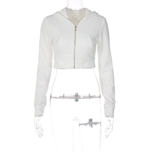 Color-White-Women Clothing Winter Cardigan Zipper Hooded Slim Fit Cropped Long Sleeves Top-Fancey Boutique