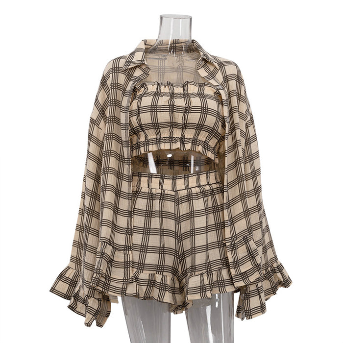 Autumn Retro Loose Outfit Long Sleeve Plaid Shirt Tube Top Shorts Casual Three Piece Suit-Khaki Three-Piece Set-Fancey Boutique