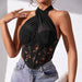 Color-Black-Specializes Lace Mesh Cross Halterneck Top Rhombus Boning Corset Vest-Fancey Boutique