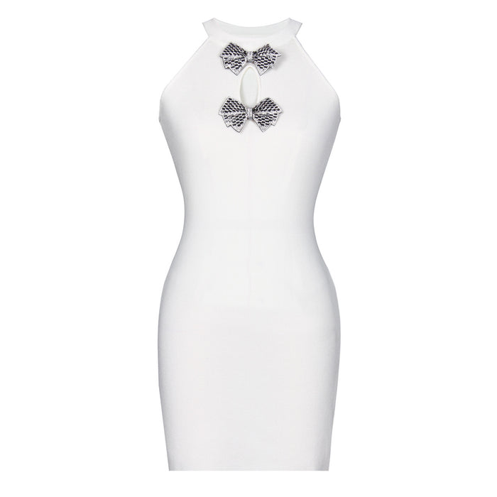 Summer Socialite Quality Bow Knitted Sleeveless Vest Sling Dress-White-Fancey Boutique