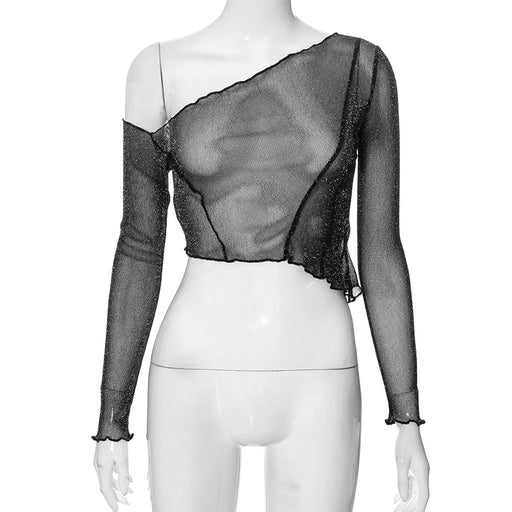 Color-Black-Women Clothing Autumn Solid Color Oblique Shoulder Long Sleeve Mesh See through cropped Sexy Top-Fancey Boutique