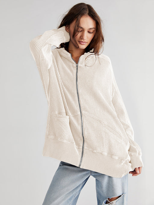 Color-Beige-Cardigan Zipper Sweater Home Wear Women Outerwear Hoodie Long Coat-Fancey Boutique