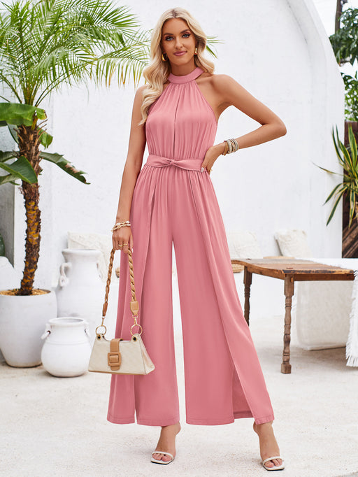 Color-Pink-Summer Women Clothing Fresh Air Solid Color Halter Lace up Jumpsuit-Fancey Boutique