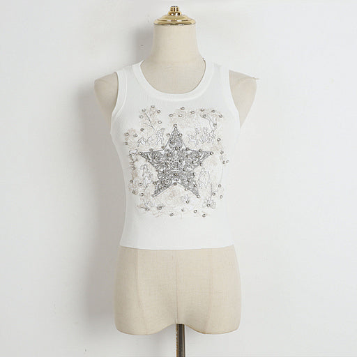 Color-Round Neck Knitted Vest Early Summer Retro Five Pointed Star Rhinestone Embroidered Slim Outer Wear Women Top-Fancey Boutique