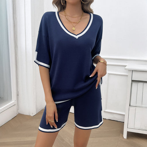 Spring Summer Women Clothing Casual Loose V neck Sweater Set-Navy Blue-Fancey Boutique