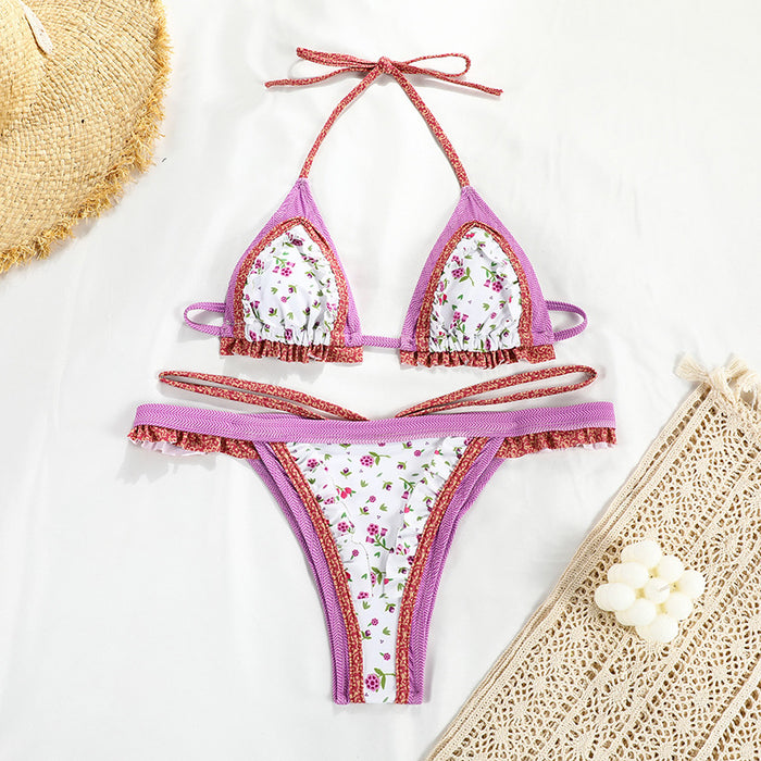 Color-2-Strap Split Swimsuit Women Sexy Patchwork Backless Print Bikini-Fancey Boutique