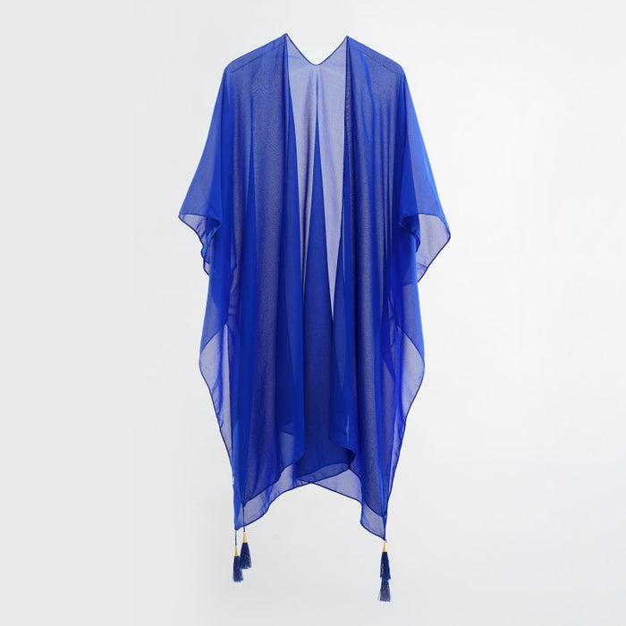 Seaside Blouse See Through Sexy Tassel Thin Cape Solid Color Travel Sun Protection Cardigan-Blue-Fancey Boutique