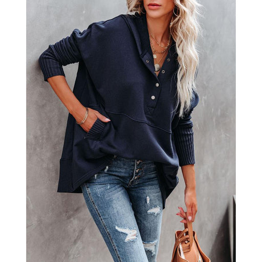 Color-Navy Blue-Autumn Winter New V-neck Hooded Multi-Color Batwing Sleeve Sweatshirt Loose Thread Patchwork Top Female-Fancey Boutique