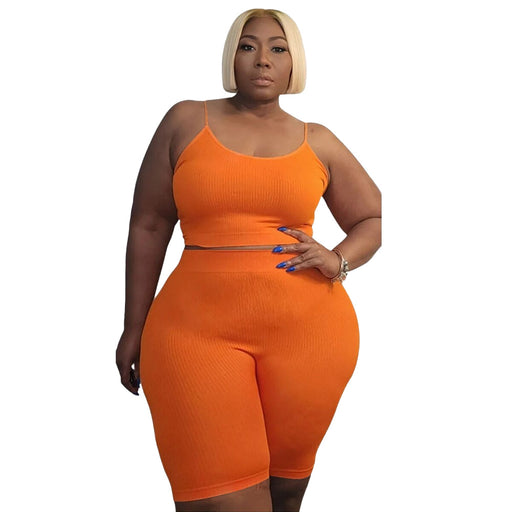 Color-Orange-Plus Size Women Clothing Casual Sports Two Piece High Elastic U Shaped Sleeveless Shorts Suit-Fancey Boutique