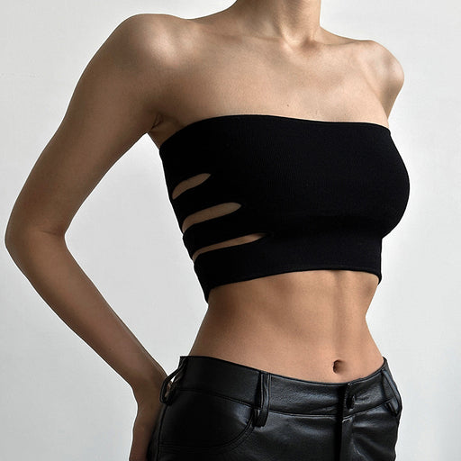 Color-Black-Sexy Hollow Out Cutout Out Beauty Back Short Tube Top Vest Top Women Summer-Fancey Boutique