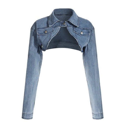 Color-Coat-Two Piece Sexy Ultra Short Denim Jacket Collared Retro Long Sleeve Shawl Gradient Jeans Suit-Fancey Boutique