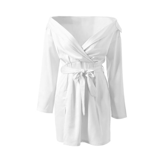 Color-White-Satin Retro Slim Short Dress Women Lace up Slimming Shirt Dress-Fancey Boutique