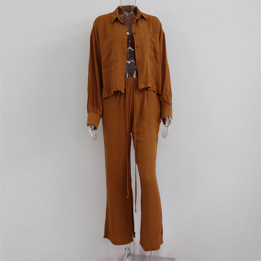 Color-camel-Women Commuting Wear Spring Summer Polo Collar Shirt Top Split Wide Leg Pants Two Piece Set Casual Set-Fancey Boutique