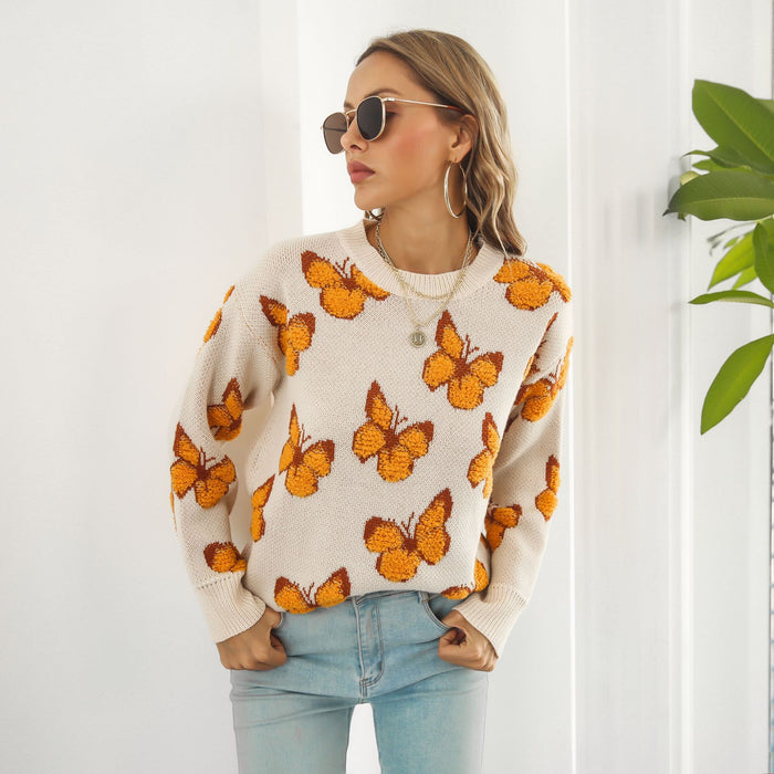 Color-Apricot Bottom Yellow Disc-Butterfly Animal Brocade Sweater Women Loose Autumn Winter Long Sleeve Knitwear Sweater-Fancey Boutique