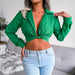 Color-Green-Suit Collar Knotted Shirt Cropped Top Women Clothing Spring Summer-Fancey Boutique