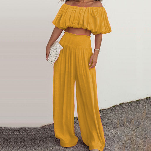 Color-Yellow-Spring Women Clothing Casual off Shoulder Wide Leg Pants Two Piece Set-Fancey Boutique