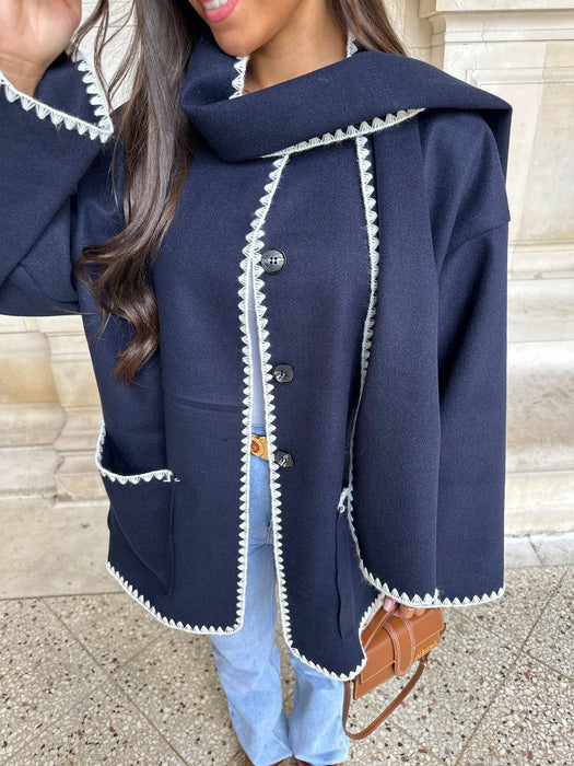 Color-Blue-Women Color Contrast Scarf Woolen Coat Autumn Winter-Fancey Boutique