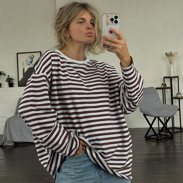 Street Retro Contrast Color Striped Basic Loose T Shirt Autumn Sexy Thin Round Neck Long Sleeve-Fancey Boutique