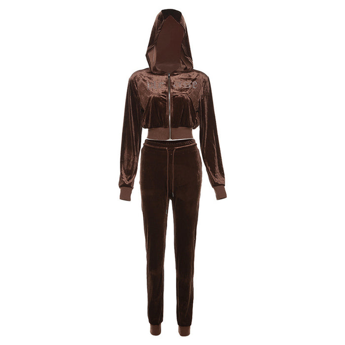 Color-Brown-Fall Women Clothing Sports Casual Hooded Top High Waist Slim Pants Set for Women-Fancey Boutique