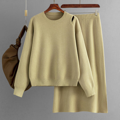 Color-camel-Suit Autumn Winter Loose Sweater Skirt Set Casual Loose Knitted Two Piece-Fancey Boutique