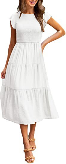 Color-White-Women Clothing Popular Pinfei Flounced Sleeve Pleating Layered Short Sleeve Large Swing Dress-Fancey Boutique