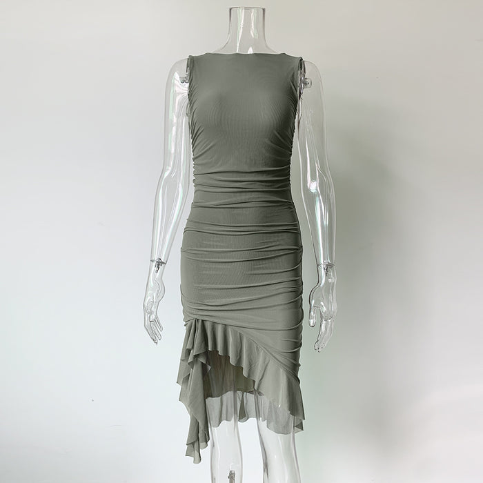 Women Clothing Mesh Pleated Ruffled Irregular Asymmetric Midi Dress Slim Backless Sleeveless Dress-Army Green-Fancey Boutique