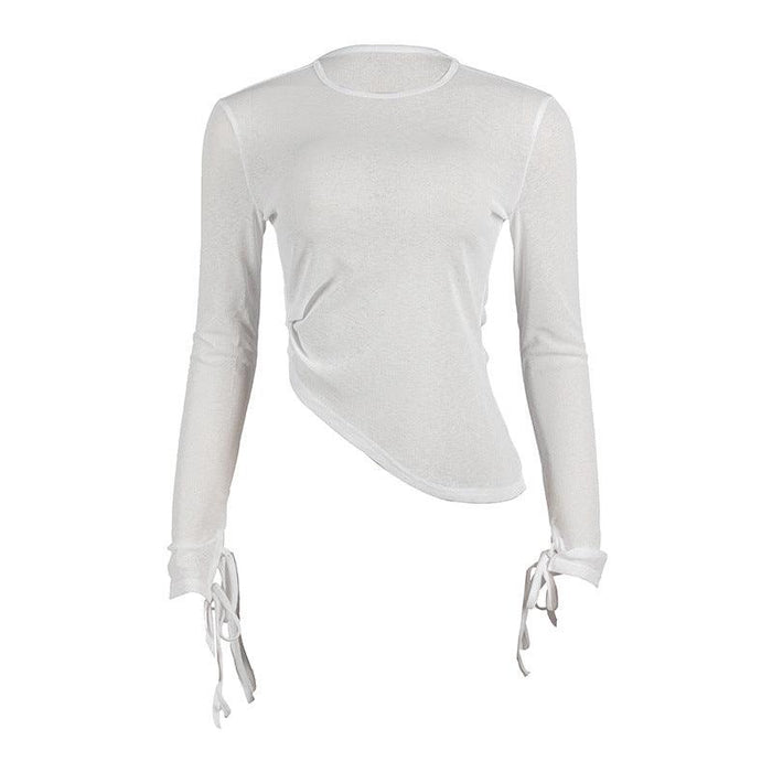 Color-White-Autumn Solid Color Round Neck Pullover Long Sleeve Top Slim Short Women T Shirt-Fancey Boutique