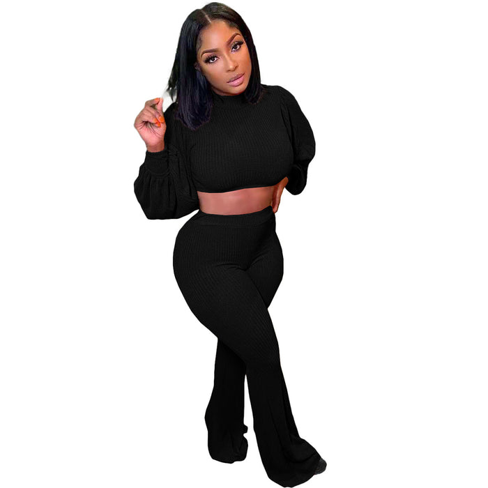 Color-Black-Urban Casual Solid Color Turtleneck Puff Sleeve Cropped Bell Bottom Pants Two Piece Set-Fancey Boutique