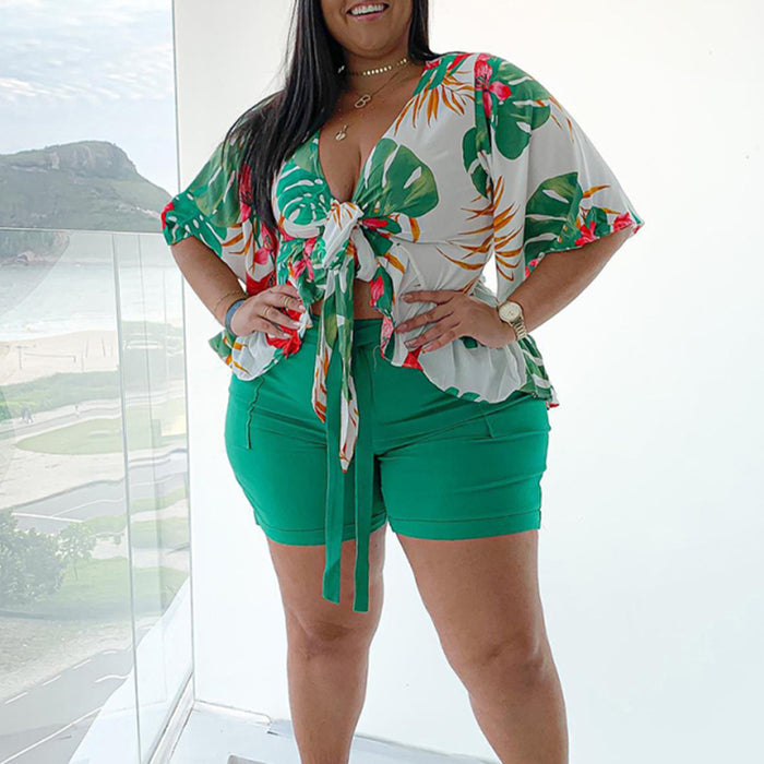 Color-Green-Plus Size Summer Casual Printing Half Sleeve Casual Two-Piece Suit Women-Fancey Boutique
