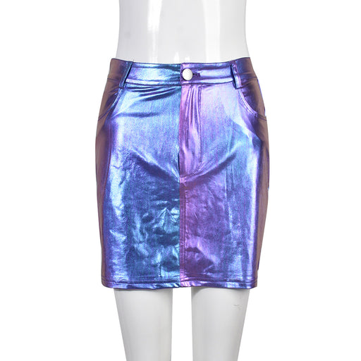Color-Blue-Metallic Coated Fabric Women Clothing Color Changing Glossy Personalized Sexy Stretch Ultra Short Skirt for Women-Fancey Boutique