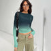 Color-Turquoise-Women Clothing Autumn Winter Gradient Color round Neck Long Sleeve Basic Top-Fancey Boutique