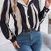 Color-Black-Autumn Winter Casual Contrast Color Striped Suit Collar Long Sleeve Shirt Women-Fancey Boutique