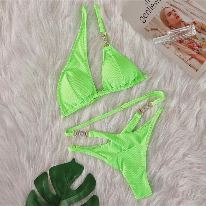 Color-Green-Sexy Bikini Crystal Diamond Striped Strap Split Women Swimsuit-Fancey Boutique