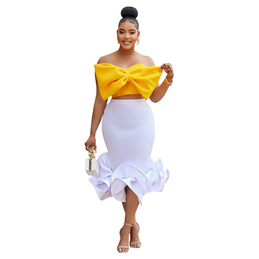 Color-Yellow-Women Wear Sleeveless Tube Top Bow Hip Skirt Two Piece Set 3D Decoration-Fancey Boutique