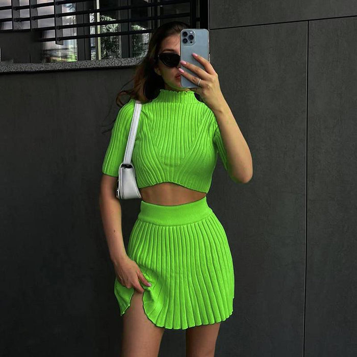 Color-Green-Summer Elegant Sexy Slim Fit Sunken Stripe Knitted Skirt Short Sleeve Solid Color Set for Women-Fancey Boutique