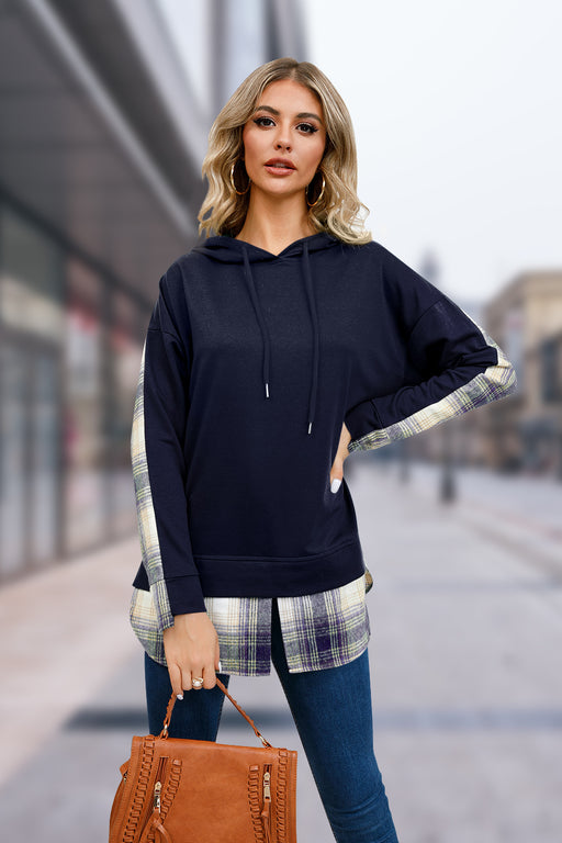 Color-Blue-Autumn Winter Pullover Hooded Plaid Stitching Split Sweater Women-Fancey Boutique