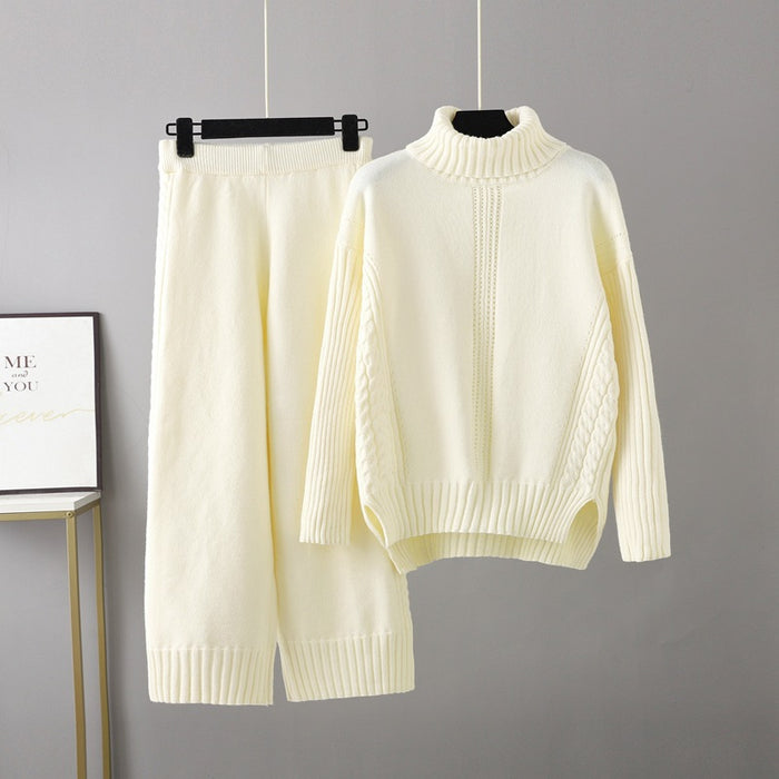 Color-Ivory-Turtleneck Pullover Thickened Knitting Sweater Casual Set Women Autumn Winter Loose Idle Wide Leg Pants Two Piece Set-Fancey Boutique