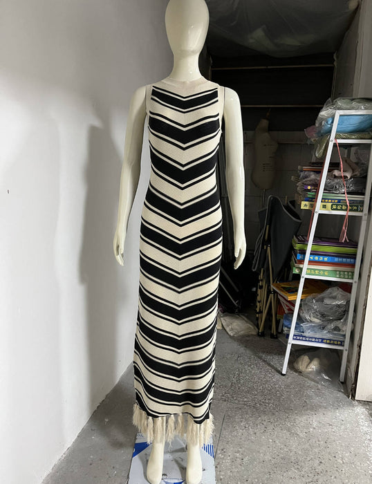 Sexy Tight Striped Tassel Knitted Dress Women Sleeveless Summer Midi Dress-Stripe-Fancey Boutique